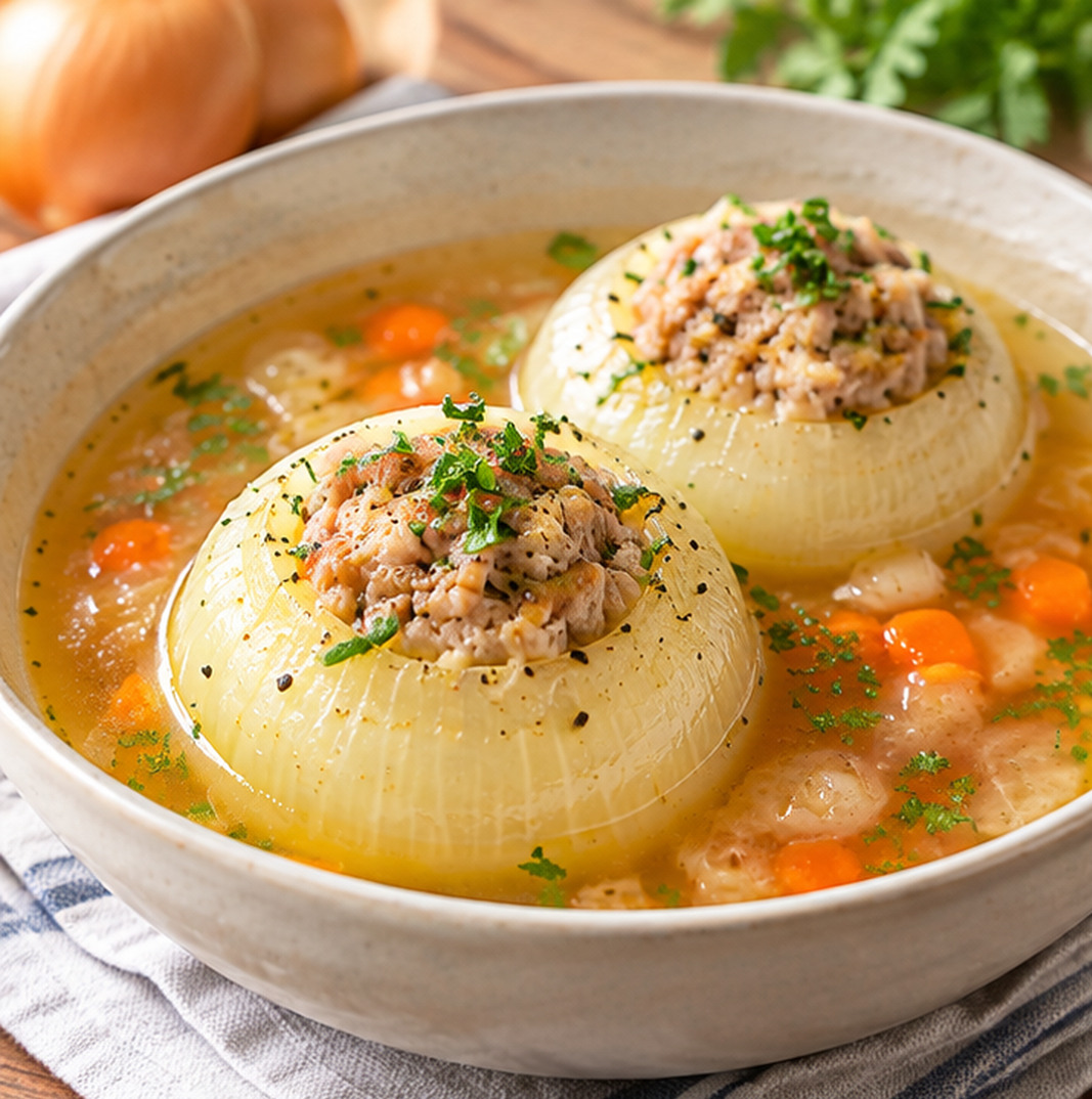 新玉ねぎの丸ごと肉詰めスープ